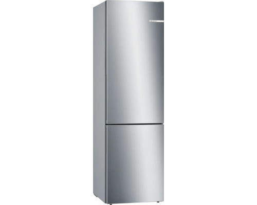 Réfrigérateur-congélateur Bosch en acier inoxydable avec deux portes et poignées intégrées.
