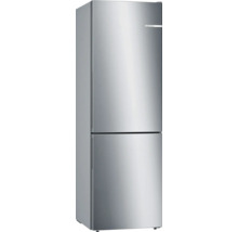 Réfrigérateur-congélateur Bosch en acier inoxydable avec deux portes et poignées intégrées.