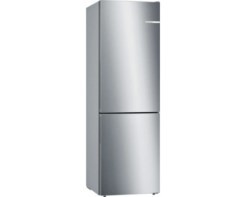 Réfrigérateur-congélateur Bosch en acier inoxydable avec deux portes et poignées intégrées.