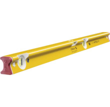 Niveau à bulle Stabila jaune en métal avec trois fioles et des embouts rouges.