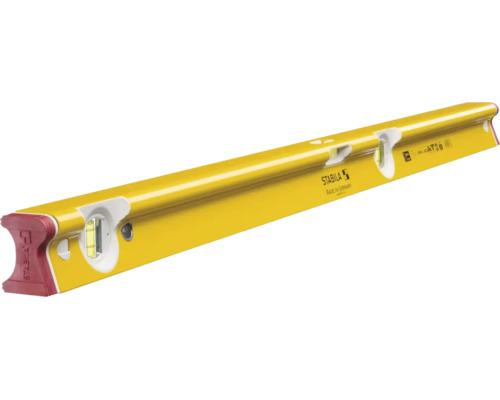 Gelbe Stabila Wasserwaage aus Metall mit drei Libellen und roten Endkappen.