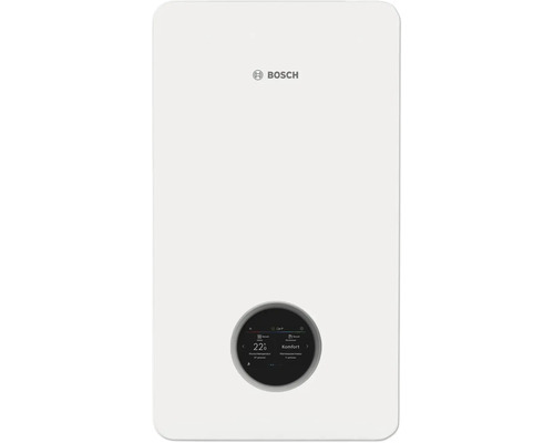 Wäiss Bosch Gas-Brennwertgerät mat ofgeronnten Ecker, Bosch Logo a ronnem Digitaldisplay.
