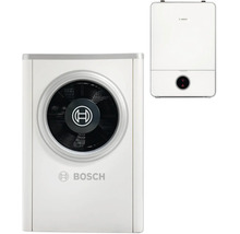 Bosch Wärmepumpen-Set bestehend aus einer Außeneinheit mit Ventilator und einer wandhängenden Inneneinheit.