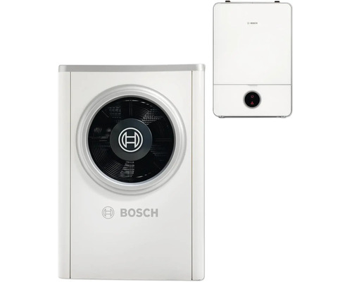 Bosch Wärmepumpen-Set bestehend aus einer Außeneinheit mit Ventilator und einer wandhängenden Inneneinheit.
