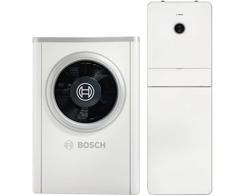 Bosch Luft-Wasser-Wärmepumpe bestehend aus Außeneinheit mit Ventilator und Inneneinheit mit Display. Bosch Logo.