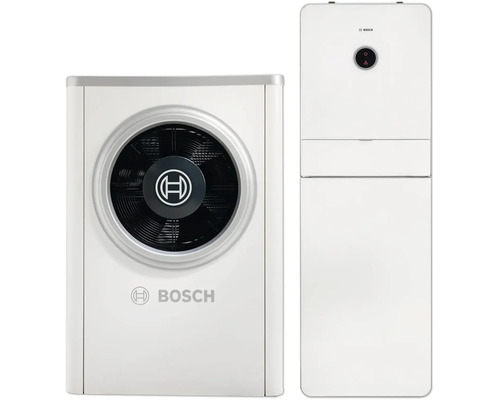 Bosch Wärmepumpen-Set bestehend aus einer Außeneinheit mit Ventilator und einer Inneneinheit sowie Bosch Logo.