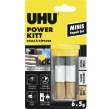 UHU Logo, kit de réparation Power Kitt Minis, six portions de 5 grammes pour métal, plastique, bois, durcissement rapide, intérieur et extérieur.