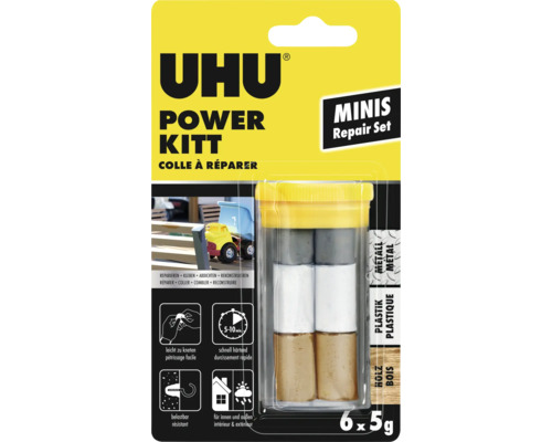 UHU Logo, kit de réparation Power Kitt Minis, six portions de 5 grammes pour métal, plastique, bois, durcissement rapide, intérieur et extérieur.