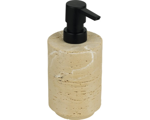 Distributeur de savon aspect pierre naturelle avec tête de pompe noir mat.