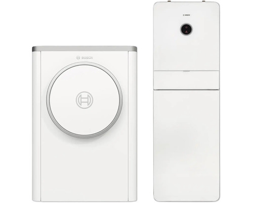 Bosch Wärmepumpe mit Inneneinheit und Außeneinheit in Weiß.