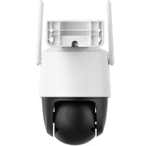 Caméra de surveillance extérieure blanche et noire avec deux antennes et tête pivotante.