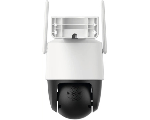 Caméra de surveillance extérieure blanche et noire avec deux antennes et tête pivotante.