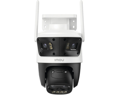 Caméra de surveillance extérieure Imou blanche et noire avec deux objectifs, antennes, boîtier rotatif et Imou Logo.