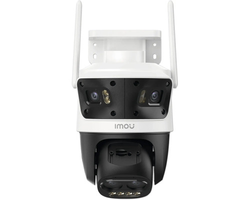 Caméra de surveillance extérieure Imou blanche et noire avec double objectif et antennes.