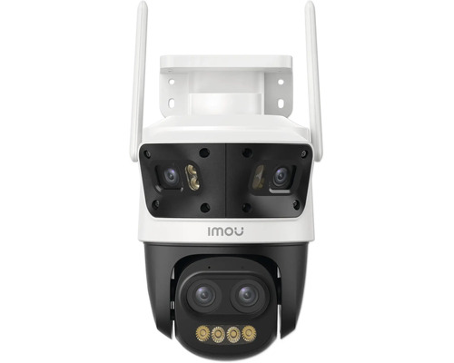 Caméra de surveillance extérieure Imou avec plusieurs objectifs, deux antennes et support mural.