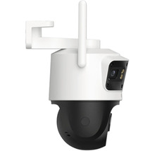 Caméra de surveillance blanc et noir pour l'extérieur avec antenne, support mural et tête pivotante.