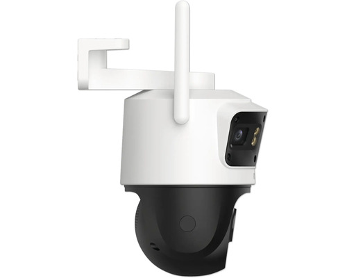 Caméra de surveillance blanc et noir pour l'extérieur avec antenne, support mural et tête pivotante.