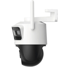 Caméra de surveillance blanc et noir pivotante et inclinable pour extérieur avec support mural et antenne.