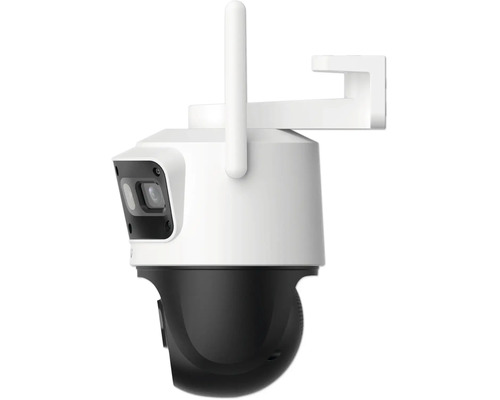 Caméra de surveillance blanc et noir pivotante et inclinable pour extérieur avec support mural et antenne.