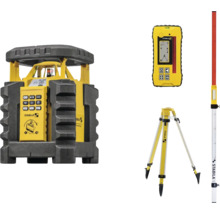 Kit laser rotatif Stabila avec récepteur, trépied et mire pour des mesures précises sur les chantiers.