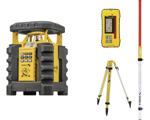 Kit laser rotatif Stabila avec récepteur, trépied et mire pour des mesures précises sur les chantiers.