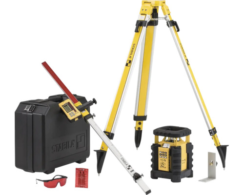 Set de laser rotatif Stabila avec trépied, mire de nivellement, récepteur, lunettes de protection laser et coffret.