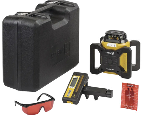 Kit laser rotatif Stabila LAR 160 avec récepteur, plaque de mire, lunettes laser et coffret de transport robuste.