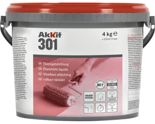 Akkit 301 Étanchéité liquide seau de 4 kg pour salle de bains et douche, très faible émission certifiée EC1 Plus, applicable au rouleau.