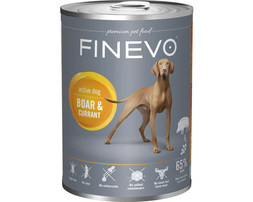 Dose Finevo Premium Hundefutter für aktive Hunde, Wildschwein und Johannisbeere, 65 Prozent Wildschwein, getreidefrei, ohne Soja und Farbstoffe.