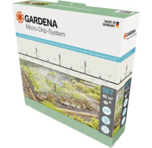 Kit d'arrosage goutte à goutte Gardena Micro-Drip-System pour potagers et parterres de fleurs jusqu'à 40 mètres carrés, fabriqué en Allemagne. Gardena Logo.
