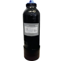 Bouteille de gaz noire avec poignée de transport bleue et étiquette technique.