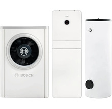 Bosch Wärmepumpen Set bestehend aus Außeneinheit, Inneneinheit und Warmwasserspeicher.