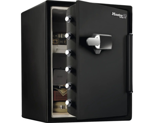 Coffre-fort Master Lock noir, porte ouverte, six boulons de verrouillage, serrure numérique. Intérieur avec objets de valeur. Logo Master Lock.