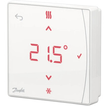 Thermostat numérique Danfoss affichant 21.5 degrés, symboles pour le chauffage et le refroidissement, Danfoss Logo.