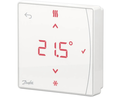 Thermostat numérique Danfoss affichant 21.5 degrés, symboles pour le chauffage et le refroidissement, Danfoss Logo.
