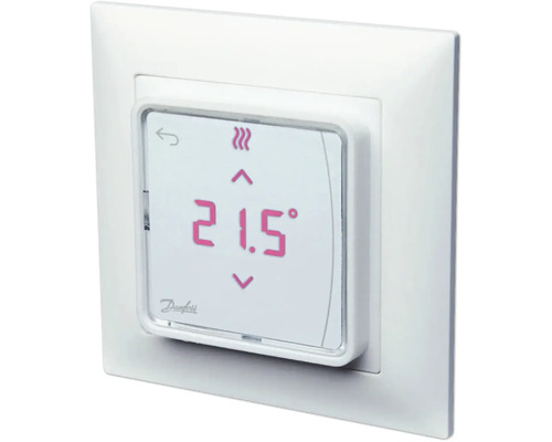 Thermostat d'ambiance numérique Danfoss avec écran tactile affichant 21,5 degrés Celsius et symbole de chauffage