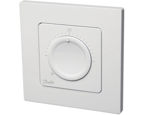 Thermostat d'ambiance blanc Danfoss avec bouton rotatif manuel, échelle de température, symbole hors-gel et Danfoss Logo.