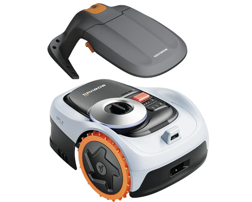 Segway Navimow i-Serie Mähroboter mit passender Garagenabdeckung in Weiß und Schwarz mit orangefarbenen Rädern.