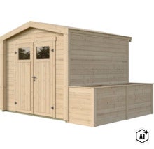 Abri de jardin en bois avec double porte et appentis de rangement intégré (Image AI modified or generated)