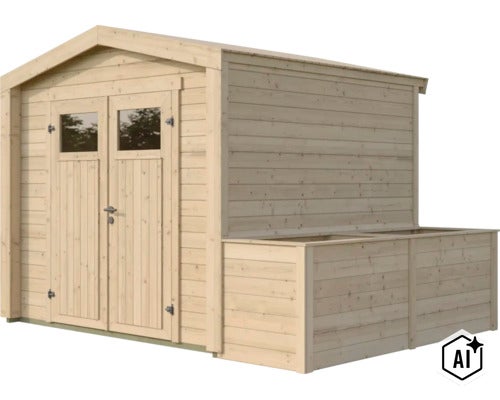 Abri de jardin en bois avec double porte et appentis de rangement intégré (Image AI modified or generated)
