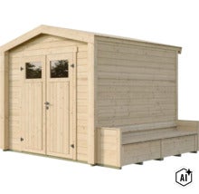 Abri de jardin en bois avec porte double et banc intégré, idéal comme abri pour outils de jardin. (Image AI modified or generated)
