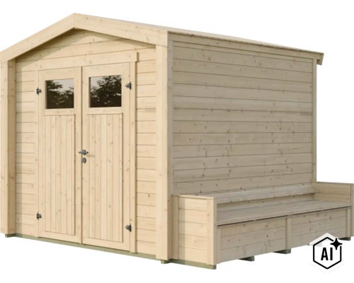 Abri de jardin en bois avec porte double et banc intégré, idéal comme abri pour outils de jardin. (Image AI modified or generated)