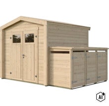 Abri de jardin en bois avec porte double et appentis latéral intégré pour le rangement. (Image AI modified or generated)
