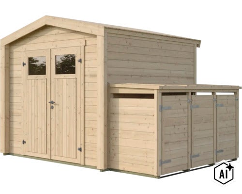 Abri de jardin en bois avec porte double et appentis latéral intégré pour le rangement. (Image AI modified or generated)