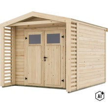 Abri de jardin en bois avec double porte, fenêtres et parois latérales à lamelles comme espace de rangement pour le jardin. (Image AI modified or generated)