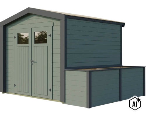 Abri de jardin en bois avec doubles portes et extension intégrée pour le rangement ou comme jardinière pour l'extérieur. (Image AI modified or generated)