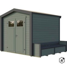 Abri de jardin en bois avec double porte, fenêtres et banc intégré sur la paroi latérale, design moderne pour extérieur. (Image AI modified or generated)