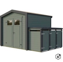 Abri de jardin en bois avec annexe intégrée pour poubelles ou vélos avec porte double et fenêtres (Image AI modified or generated)