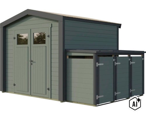 Abri de jardin en bois avec annexe intégrée pour poubelles ou vélos avec porte double et fenêtres (Image AI modified or generated)