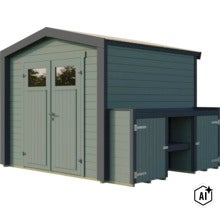 Abri de jardin en bois avec porte à deux battants, fenêtres et annexe latérale avec espace de rangement et étagère. (Image AI modified or generated)